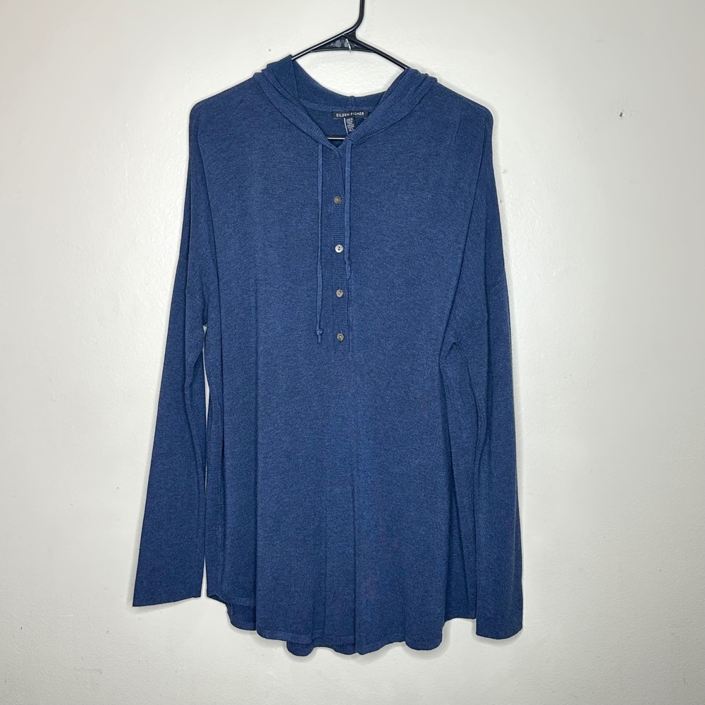 Eileen Fisher Hooded Henley Pullover Button Front Sweater Hoodie Blue sz Medium
